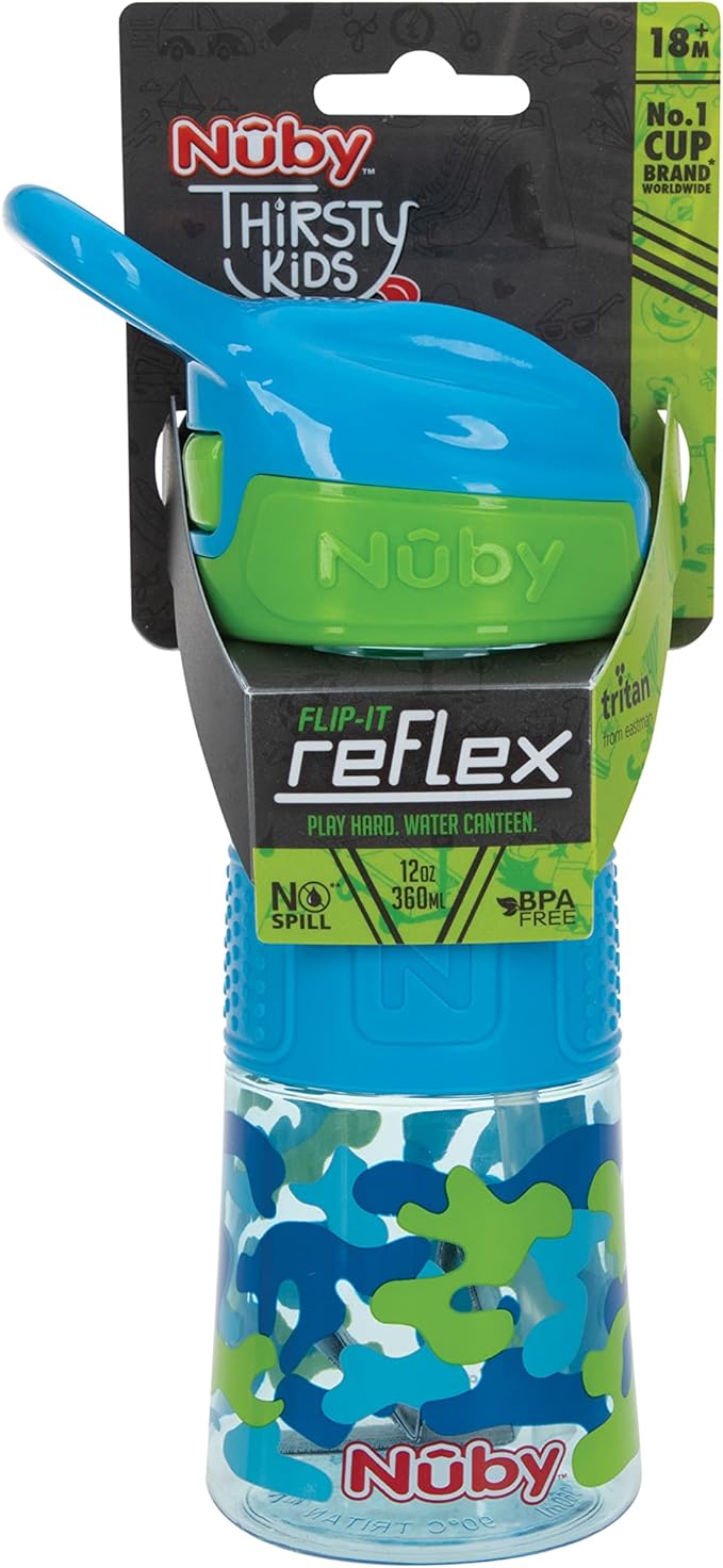 Nuby Thirsty Kids Flip-It No-Spill Toddler Sippy Cup with Soft Spout - 12 oz - 18+ Months - Aqua Camo - Back to School Essentials
