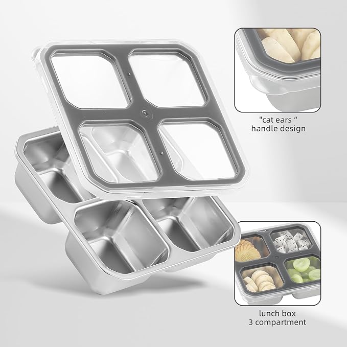 BEFOY 4 Pack Stainless Steel Snack Containers with Lids 4 Compartment Food Storage Containers for Adults & Kids Meal Prep Containers Reusablele (Gray, 4)