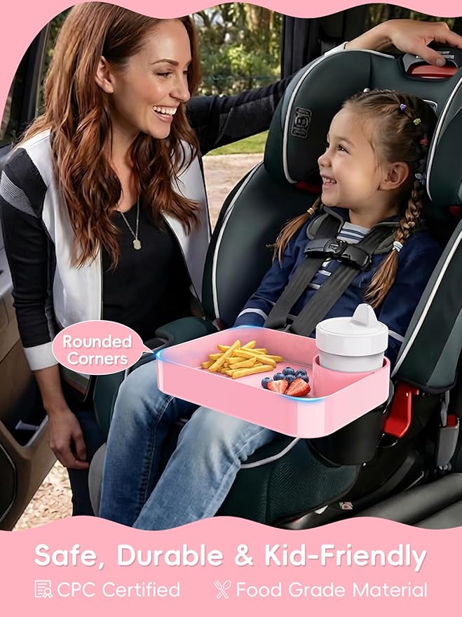 Car Seat Cup Holder Snack Tray for Kids, Reduces Mess, Detachable Large Base & Adjustable Ring, Carseat Tray for Toddler, Car Seat Food Tray Eating Table for Kids Travel Road Trip -Pink