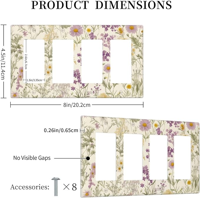 Watercolor Floral Leaves 4 Gang Light Switch Cover Plate Small Purple Flowers Daisies Quad Rocker Outlet Covers Switchplates Decorative Electrical Faceplate for Bedroom Kitchen Living Room Decor