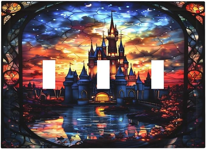 Medieval Fantasy Castle Magic Academy Decorative Switch Plates 3 Gang Wall Plate Triple Toggle Light Switch Cover Faceplate Electrical Wall Panels for Kids Room Bedroom Decor