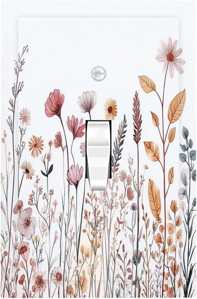 Decorative Light Switch Cover Spring Floral Pink Wildflower Leaves Plants 1 Gang Single Toggle Device Electrical Faceplate Switchplates Decorator Outlet Wall Plate For Home Bed Room Decor