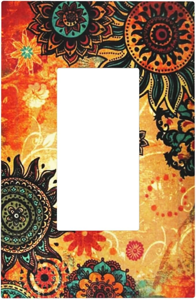 Red Orange Boho Bohemian Flower Floral 1 Gang Decorator Light Switch Cover Single GFCI/Rocker Outlet Switch Wall Plate for Dimmer,USB Outlet Mid Size