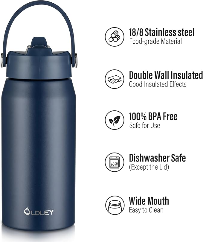 Oldley 18oz Insulated Water Bottle with Straw, Stainless Steel Water Bottle for Sports, Travel, School, BPA-Free Sports Bottles for Adult Kids, Leak-Proof, Navy Blue