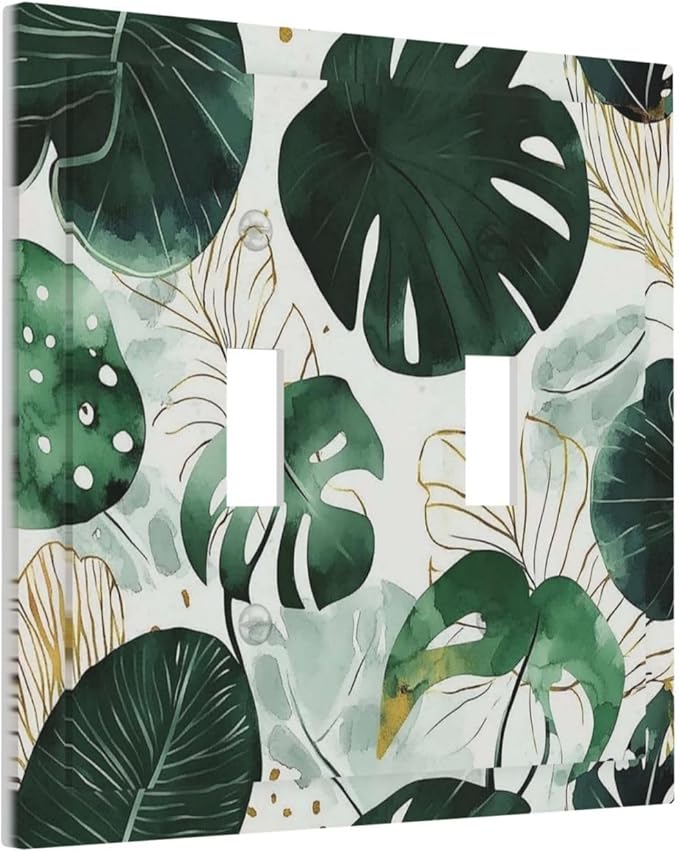 Boho Tropical Green Leaf Watercolor Banana Leaves Decorative Switch Plates 2 Gang Double Toggle Outlet Light Switch Cover Wall Plate Electrical Faceplate For Bed Room Living Room Decor