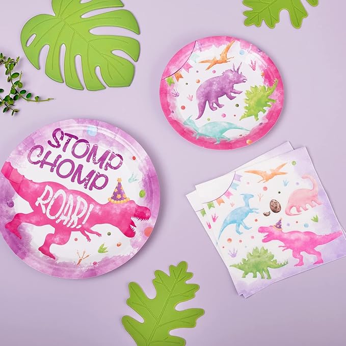 WERNNSAI Girl Dinosaur Party Decorations - 48 PCS Dinosaur Plates and Napkins Pink Dino Birthday Decorations Dino Party Plates Tableware for Kids Birthday Baby Shower Decorations Serves 16 Guests