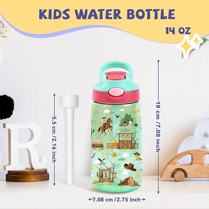 14oz Kids Water Bottle with Straw Lid - Cowboy Water Bottles for Kids, Leakproof, Lightweight, Durable Plastic Bottles for School Travel, Pop-Up Straw Cover, Gift Cup for Boys Girls(Cowboy)