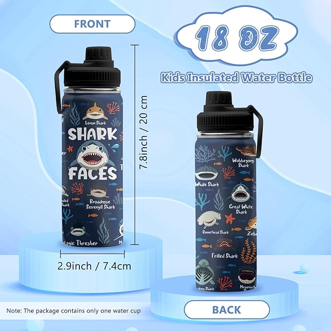 Shark Gifts for Boys, 18 oz Stainless Steel Water Bottles with 2 Lids, Insulated Water Bottle with Straw, Shark Cups for Travel Sports Outdoor, Birthday Christmas Gifts for Boys Ocean Animals Lovers