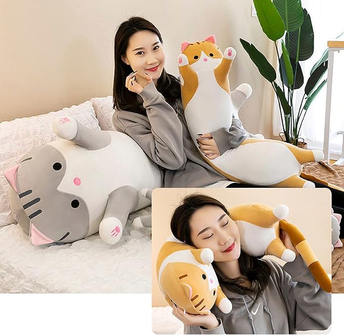 Giant Cat Pillow Plush Cartoon Kitty Sleeping Hugging Pillow,Cuddly Soft Long Kitten Body Pillow Doll Cat Cushion Toy for Kids Girlfriend (Gray, 70cm/27.55inch)
