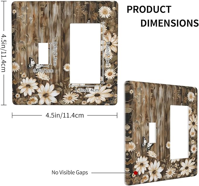 Light Switch Cover Plate Rustic Wood Butterflies Flowers Botanical 2 Gang Combo Wall Plates Toggle Rocker Decorative Switch Plates and Outlet Covers for Farmhouse Cabin Decor
