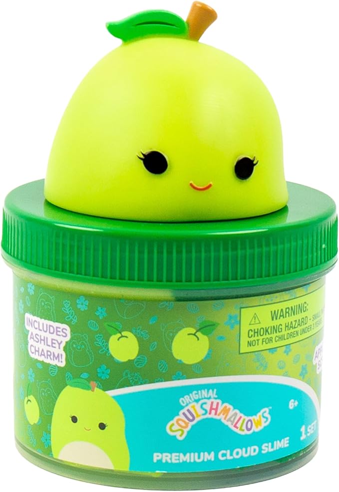 Original Squishmallows Ashely The Apple Premium Cloud Slime, Green Apple-Scented, 8 oz., Storage Container with Figurine Topper, Rubber Charm, Goodie Bags Stuffers, Kids Party Favors, Sensory Toys