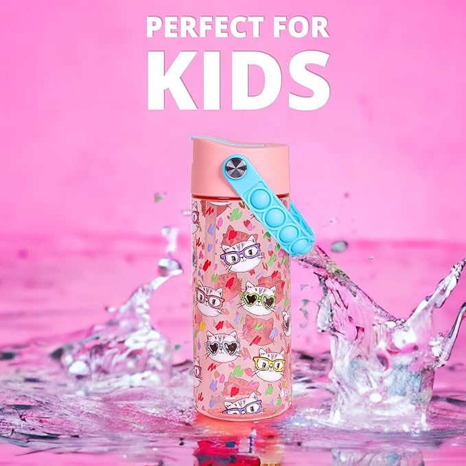 Elemental Water Bottles for Kids - Splash Kids Water Bottle for School with Pop-it Handle - BPA Free Tritan Plastic Water Bottle with Straw Leak Proof when Spout is Closed -Stylish Cat - 18oz