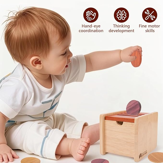 Adena Montessori Coin Box -Natural Wood Object Permanence Box Toy for 1-Year-Old Babies, Wooden Montessori Developmental Toy for 6-12 Month Infants, Early Learning Gift for Kids