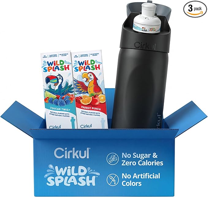 Cirkul 16oz Onyx StrawSip Flip Stainless Steel Water Bottle - Double Walled Vacuum Insulated Bottle For Kids and Teens with Flavor Cartridge Included, No Sugar, Zero Calories (Caffeine Free)