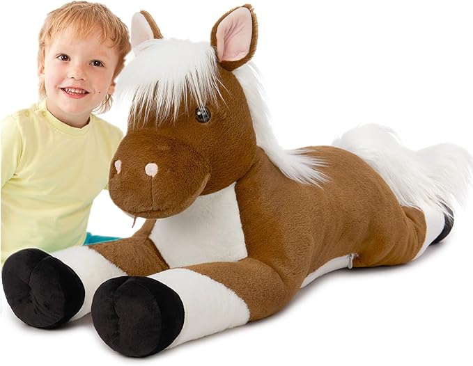 Tezituor 43.3 Inch Giant Horse Stuffed Animals with Long Hair, Realistic Stuffed Horse Plush Toys for Riding, Hugging Brown Horse Plush Pillow for Boys Girls Christmas Birthday Decoration