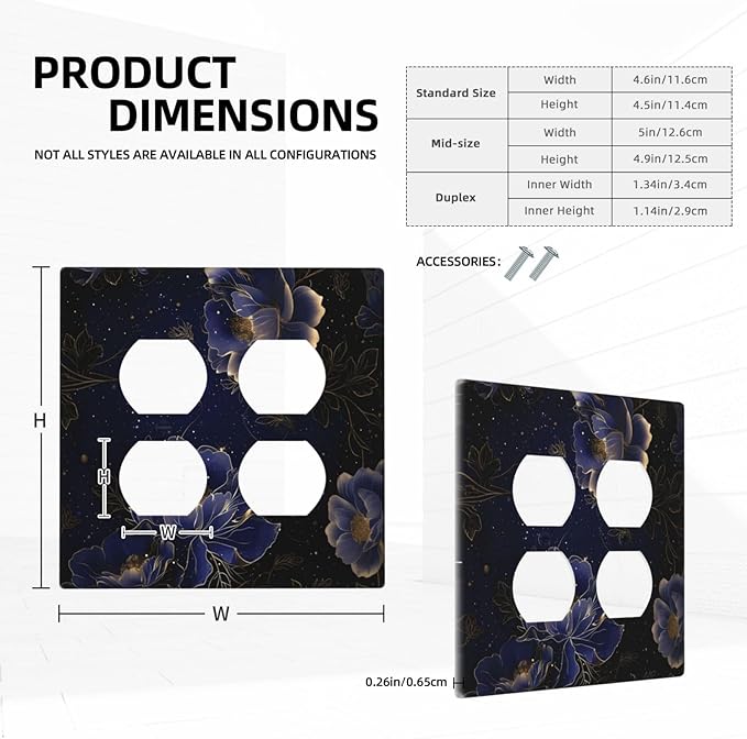 Navy Blue Floral Vintage Flower Dark Watercolor Outlet Covers 2 Gang Double Duplex Decorative Light Switch Covers Electrical Wallplates Socket Faceplate for Bedroom Living Room Decor