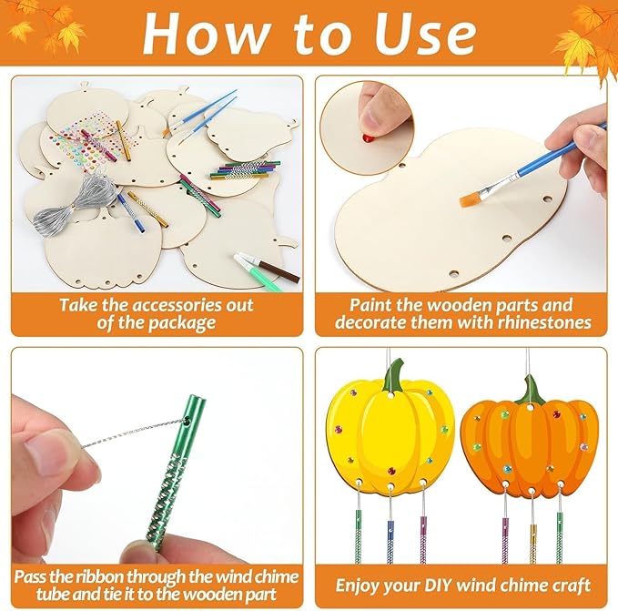 gisgfim 16 Pack Fall Pumpkin Wind Chime Kits Thanksgiving Crafts for Kids Make Your Own Pumpkins Wind Chime Wooden DIY Arts and Crafts for Autumn Party Classroom Decorations Supplies Birthday Favors