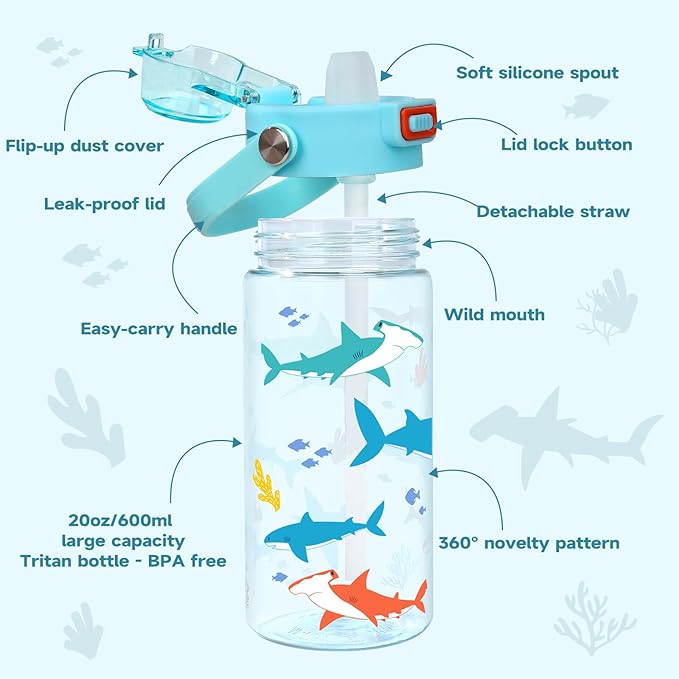 Queenshin Kids Shark Water Bottle 20oz BPA Free Tritan Boys Girls School Outdoor Sports Leak Proof Water Cup with Straw Lid Handle Pop-Up Spout Cover