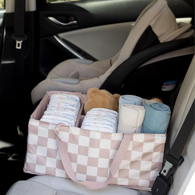 Tiny Twinkle Diaper Caddy Organizer | Foldable Baby Storage Basket with Removable Divider | Waterproof & Mess-Proof Fabric, Portable Nursery Organizer for Newborn Essentials (Beige Checkers)