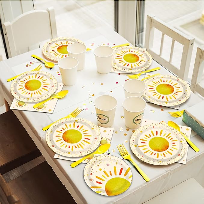 96 Pieces First Trip Around The Sun Decorations Sunshine Birthday Party Plates Boho Sun Disposable Plates Napkins Folks Paper Tableware Set for 1st Trip Around The Sun Birthday Girls Boys Supplies