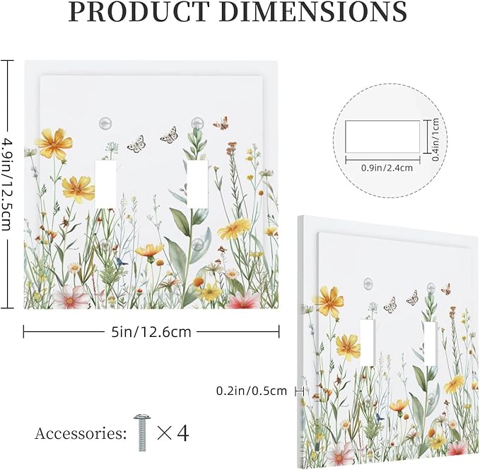 Light Switch Cover Plate Rustic Colorful Floral Butterfly Watercolor Flowers 2 Gang Double Toggle Decorative Switch Plates Plug Cover Wall Plates Electrical Faceplate for Bathroom Bedroom