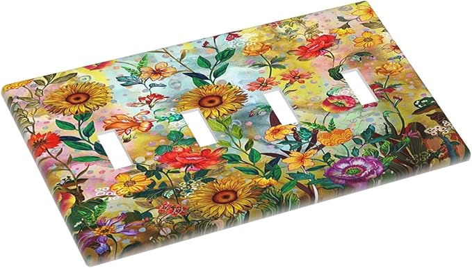 Fall Colorful Sunflower Floral 4 Gang Wall Plate Quad Toggle Light Switch Cover Decorative Outlet Covers Electrical Light Switches Faceplate for Bedroom Bathroom Kitchen Decor