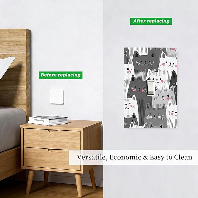 Cute Monochrome Cats 1-Gang Toggle Light Switch Plate, Funny Cat Decorative Wall Plate for Kids Bedroom