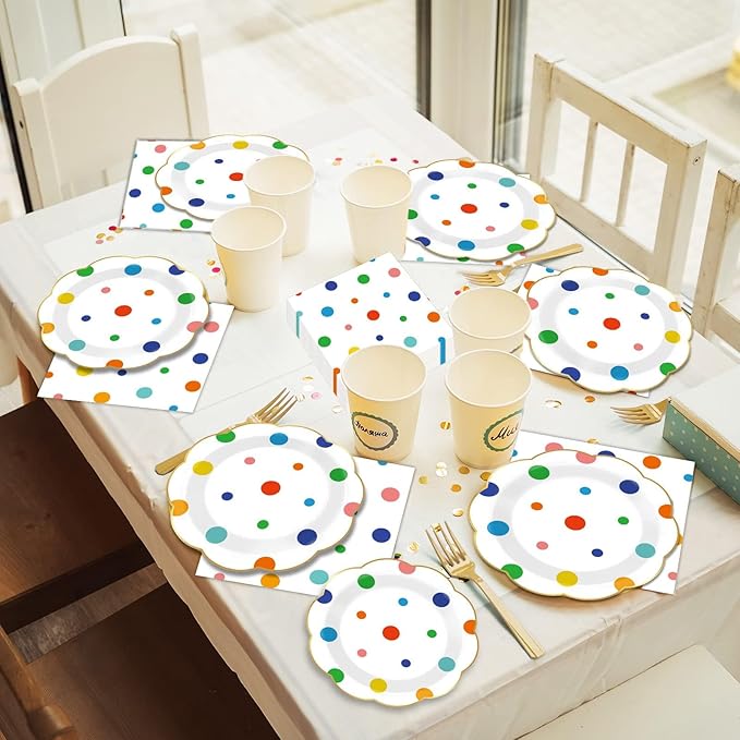 96 Pcs Colorful Birthday Plates and Napkins Colorful Polka Dots Party Supplies Rainbow Dots Tableware Table Decorations Confetti Plates Napkins Rainbow Party Favor for Baby Shower Wedding 24 Guests