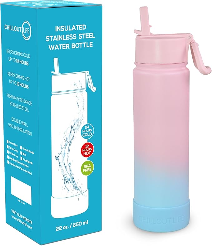 CHILLOUT LIFE 22 oz Kids Insulated Water Bottle for School with Straw Lid Leakproof and Cute Waterproof Stickers, Personalized Stainless Steel Thermos Flask Metal Water Bottle, Cotton Candy