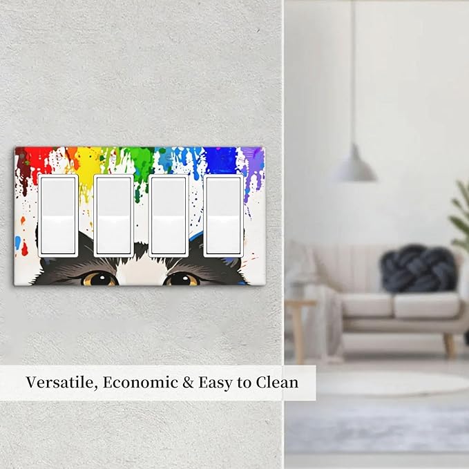 Cat Rainbow Quad Rocker Wall Plate Decorative 4 Gang Light Switch Covers Electrical Switchplate Home Decorate Faceplat for Bathroom Bedroom Kitchen Room 4.5 x 8 Inch