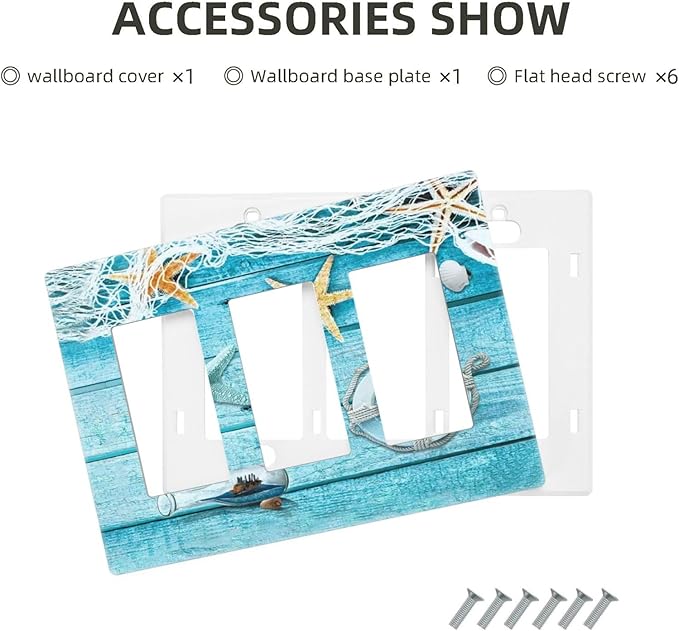 Turquoise Teal Fishing Net Wood Plank 3 Gang Triple Rocker/Decora Light Switch Wall Plate Cover Decorative Electrical Faceplate Switchplate for Bathroom Living Room Decor