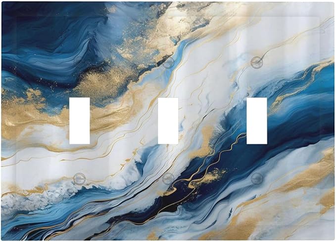 Abstract Blue Granite Luxury Watercolor Marble Texture Print 3 Gang Light Switch Covers Decorative Unique Triple Toggle Wall Plate Electrical Faceplate Switchplate for Bathroom Bedroom Decor