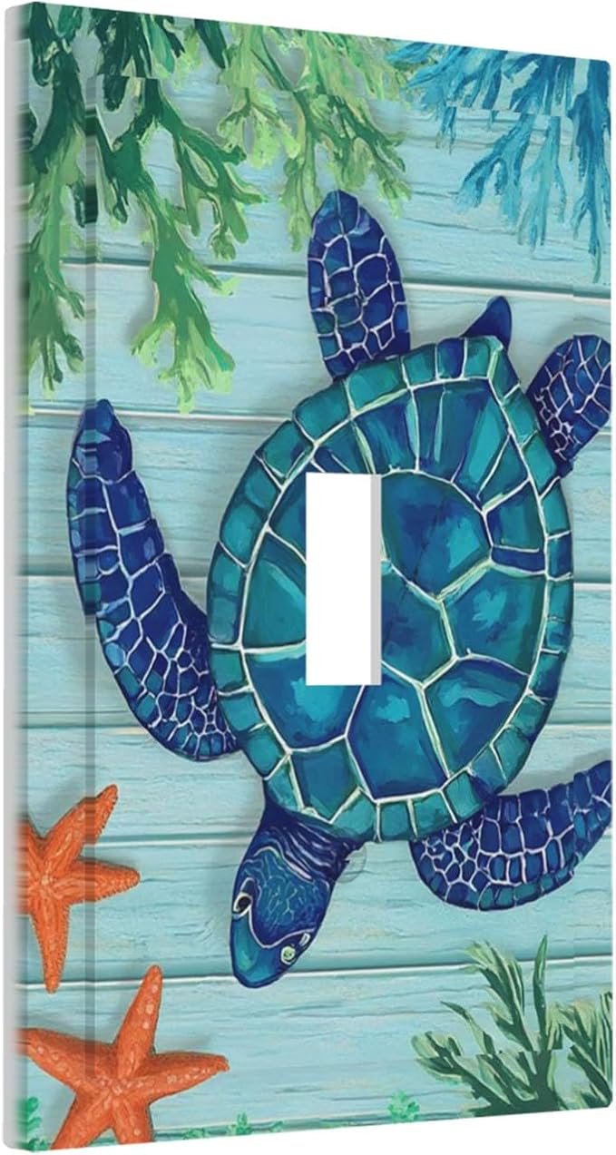Coastal Sea Turtle 1-Gang Toggle Light Switch Plate, Mosaic Starfish Nautical Ocean Theme Decorative Wall Plate for Coastal Homes