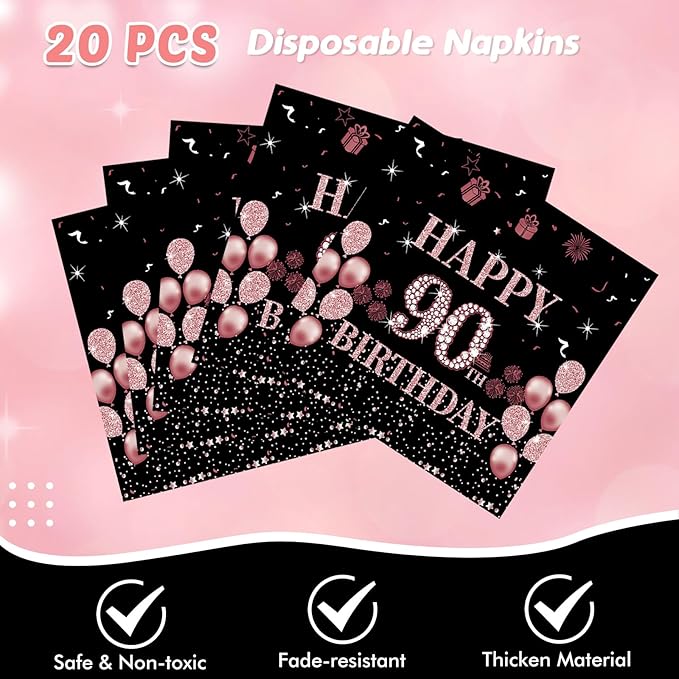 41Pcs 90th Birthday Decorations for Women, Vintage 90 Birthday Black and Rose Gold Disposable Paper Plates and Napkins Party Supplies for 20 Guests, 41Pcs Include 7" Plates Napkins and Tablecloth