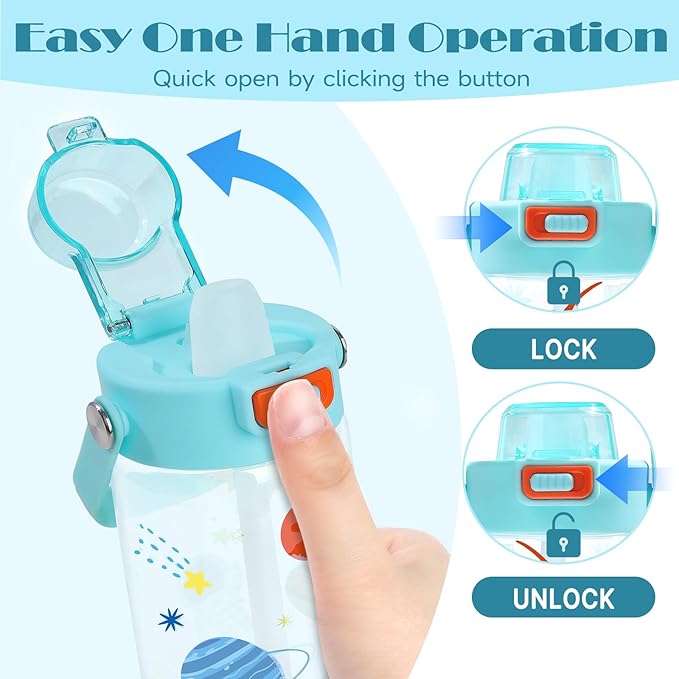 Queenshin Kids Space Water Bottle 20oz BPA Free Tritan Boys Girls School Outdoor Sports Leak Proof Water Cup with Straw Lid Handle Pop-Up Spout Cover