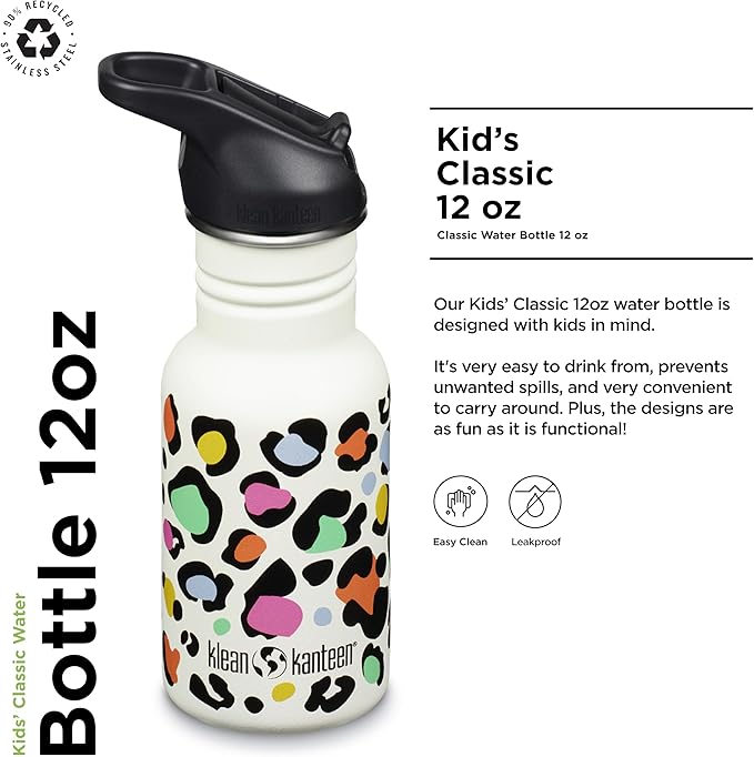 Klean Kanteen 12 oz Classic Kid's Water Bottle with Flip Seal Sport Cap & Straw - 100% Leakproof Cap - Durable Stainless Steel Material - Lightweight & Easy-Grip - BPA-Free - Leopard Print