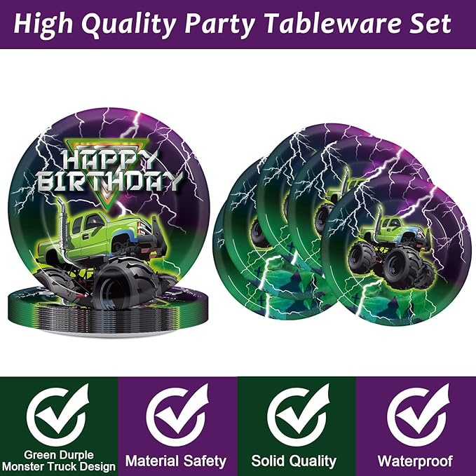 CHUNNIN 96 PCS Monster Truck Plates and Napkins for Birthday Party Supplies Monster Truck Racing Car Theme Paper Dessert Plates Green Purple Tableware Set for 24 Guests Kids Birthday Party Decorations