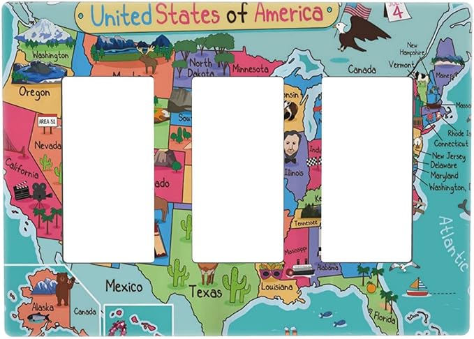 American Map 3 Gang Triple Rocker/Decor Light Switch Wall Plate Cover Decorative Electrical Faceplate for Kids Living Room Bedroom Decor Screwless 6.57" x 4.65
