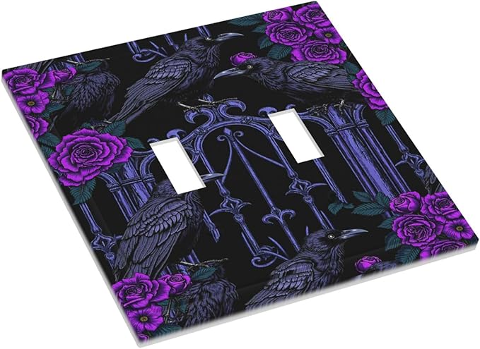 Decorative Switch Plates Gothic Style Crow Purple Flowers 2 Gang Double Toggle Wall Plate Outlet Light Switch Cover Electrical Faceplate for Bedroom living Room Decor