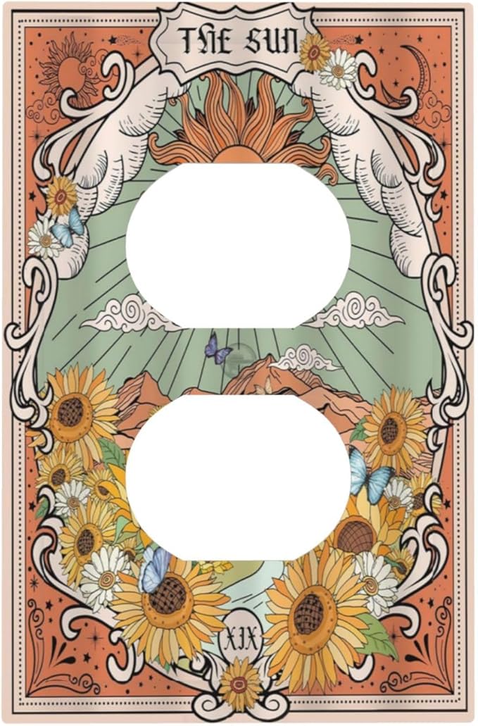 Boho Retro Sun Sunflower Vintage Flower Butterfly Outlet Covers 1 Gang Duplex Light Switch Cover Decorative Switch Plates Electrical Receptacle Faceplate Wall Plate for Farmhouse Home Decor
