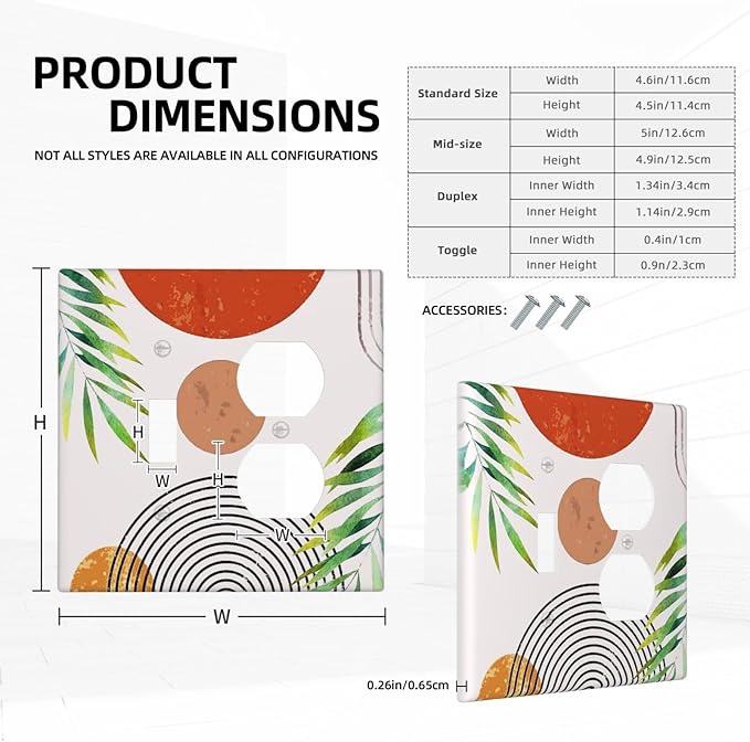 Boho Sun Abstract Art Mid Century 2-Gang 1-Toggle 1-Duplex Device Combination Wallplate Modern Aesthetics Arch Olive Leaf One Toggle Switch and One Duplex Receptacle Outlet Combo Light Switch Cover