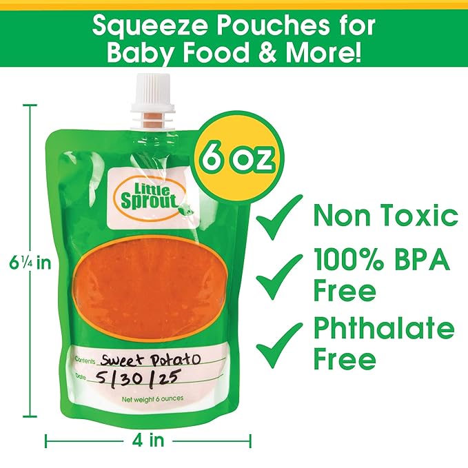 Disposable 6oz Baby Food Storage Pouch Containers, 48 Pack- Write What You Want Squeezable Pouches- Make Homemade Organic Food for Babies/Toddlers- Works with Most Filling Stations Including Infantino