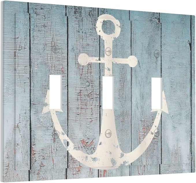 Anchor Rustic Sailing Nautical Wooden Planks Marine Decorative Switch Plates 3 Gang Wall Plate Triple Toggle Light Switch Cover Faceplate Electrical Wall Panels for Bathroom Farmhouse Decor