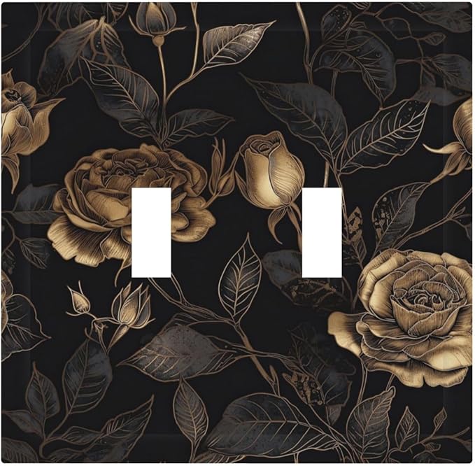 Black Floral Dark Vintage Gold Rose Flower Decorative Switch Plates 2 Gang Double Toggle Outlet Light Switch Cover Wall Plate Electrical Faceplate for Bedroom Living Room Decor