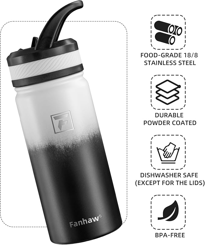 Fanhaw 18 Oz Kids Insulated Water Bottle with Straw Lid – Stainless Steel Double Wall Vacuum, Leak-Proof, BPA-Free Water Bottles for School Boys & Girls(White Black)