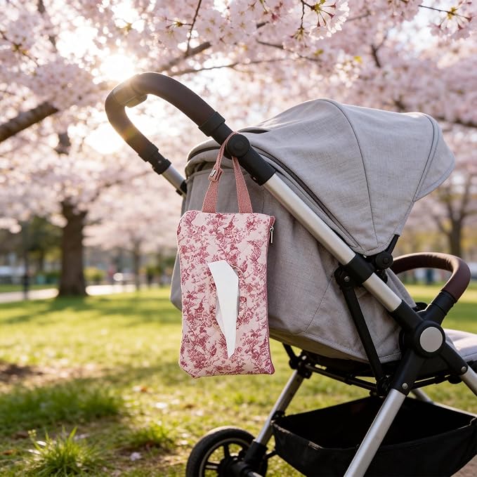Quilted Baby Wipe Holder Floral Diaper Pouch Portable Quilted Wipes Bag for Car, Stroller (Pink 2)