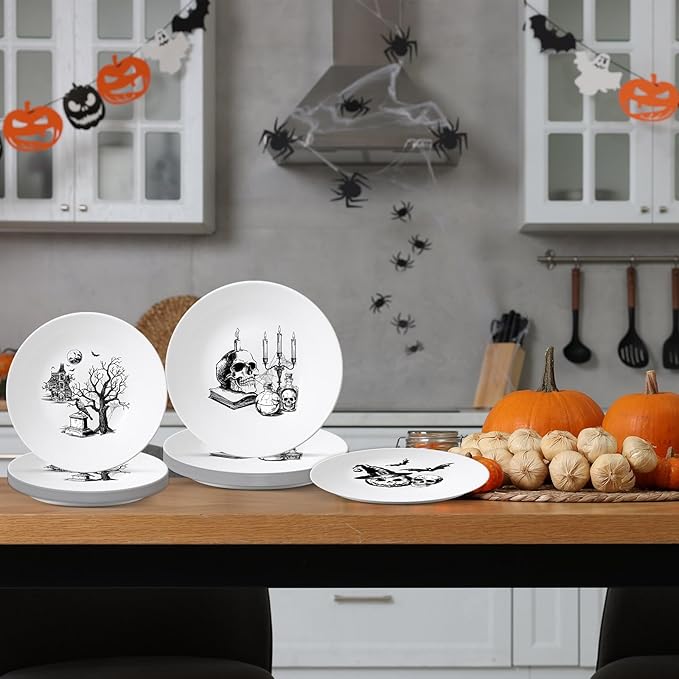4 Set 10 Inch Halloween Gothic Plates Melamine Halloween Dinnerware Set Reusable Skull Candle Bat Tombstone Crow Melamine Plate Dishwasher for Toddlers Creatively Drop Resistant Cute Plastic Dish