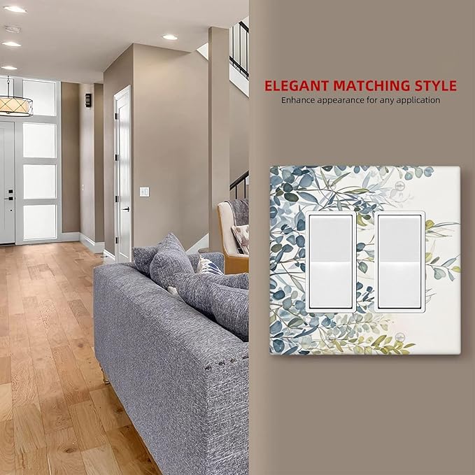 Decorative Outlet Covers with Green & Blue Watercolor Eucalyptus Botanical Foliage Design 2 Gang Wall Plate Double Rocker Light Switch Cover Switch Plate Cover for Contemporary Living Room
