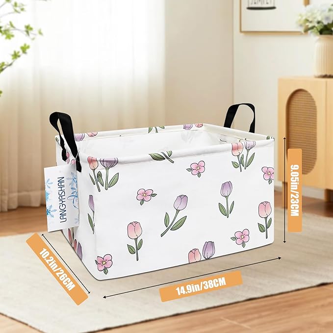 LANGYASHAN Rectangular Storage Bin Collapse Canvas Fabric Cartoon Storage Basket with Handles for Organizing Home Kitchen Boys and Girls Toys Office Closet Shelf Baskets (Rec Romantic Tulip)