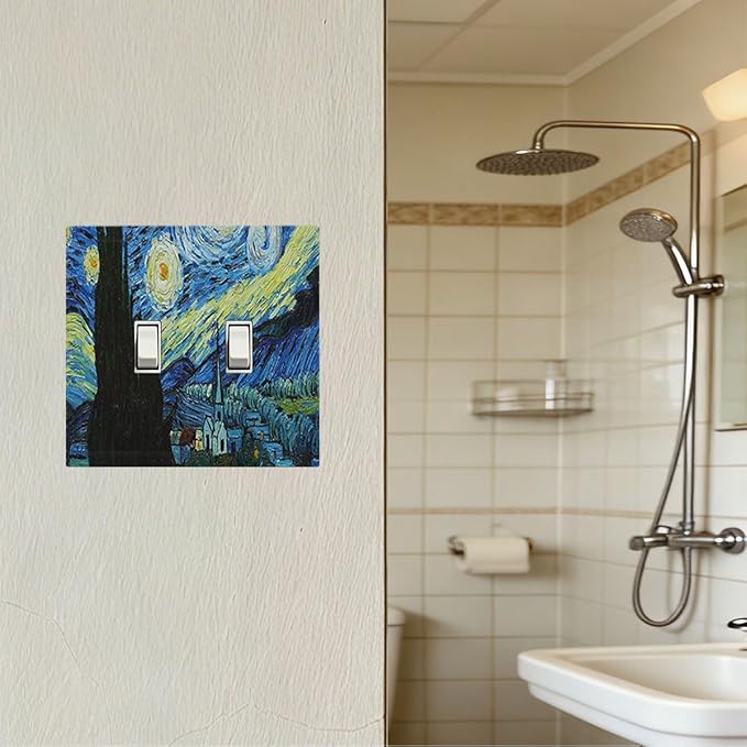 Van Gogh The Starry Night Double Toggle Switch Cover - 2-Gang Standard US Size Post-Impressionist Masterpiece Light Switch Covers, Swirling Night Sky for Living Room Decor